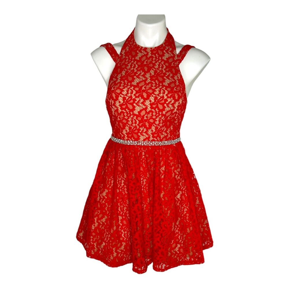 JODI KRISTOPHER Red Sleeveless Rhinestone Detail Party Lace Mini Dress Juniors 5 - Picture 2 of 8